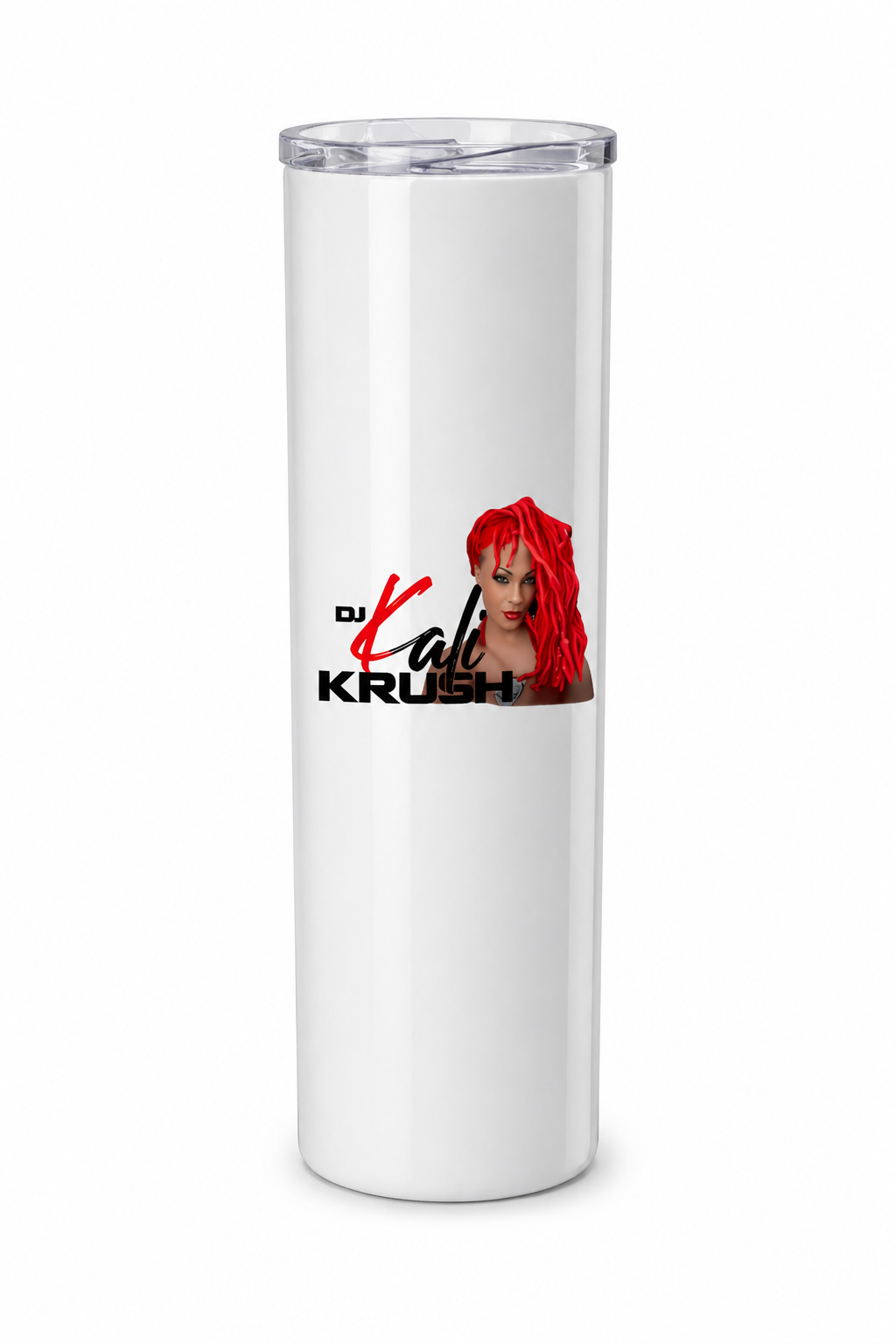 DJ Kali Krush White Skinny Tumblers (Red Hair-Black Letters)